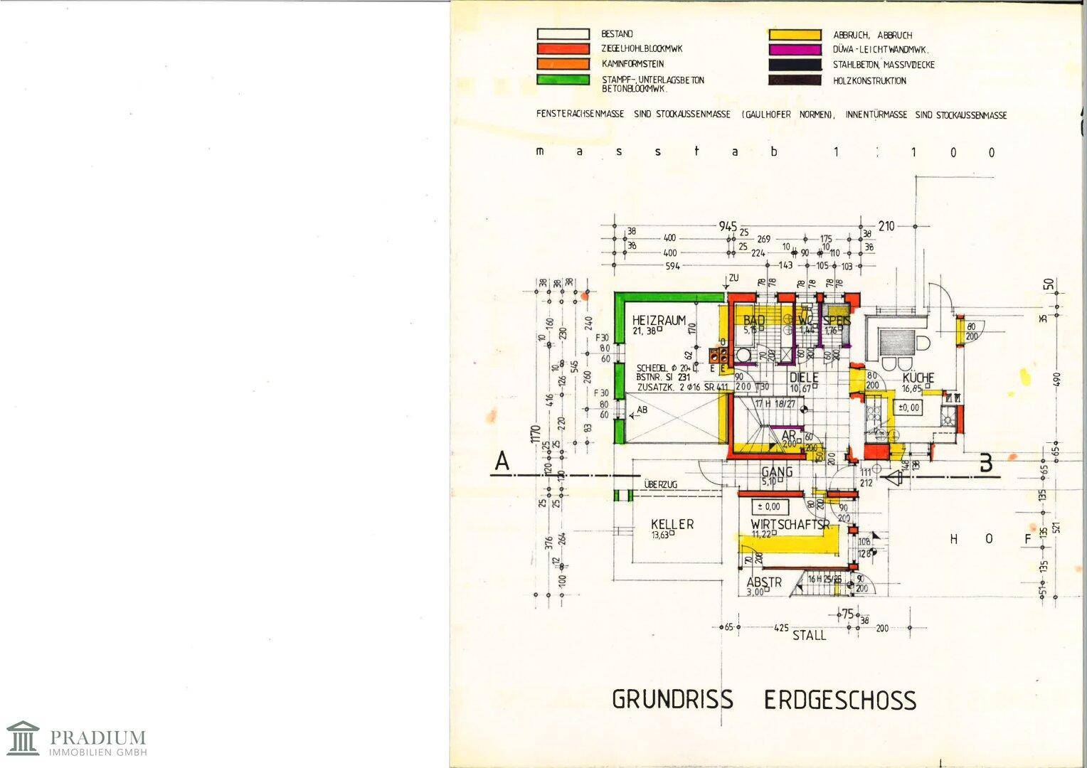 Historischer Grundriss des Erdgeschosses mit Heizraum, Bad, Küche und Wirtschaftsraum.
