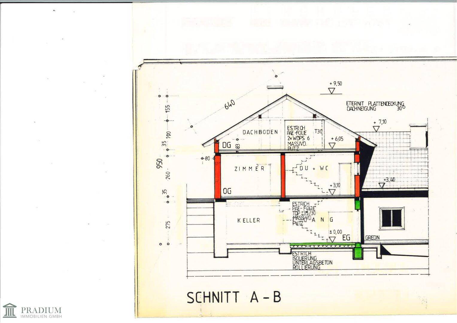 Historischer Gebäudeschnitt A-B zeigt Keller, Erdgeschoss, Obergeschoss und Dachboden.