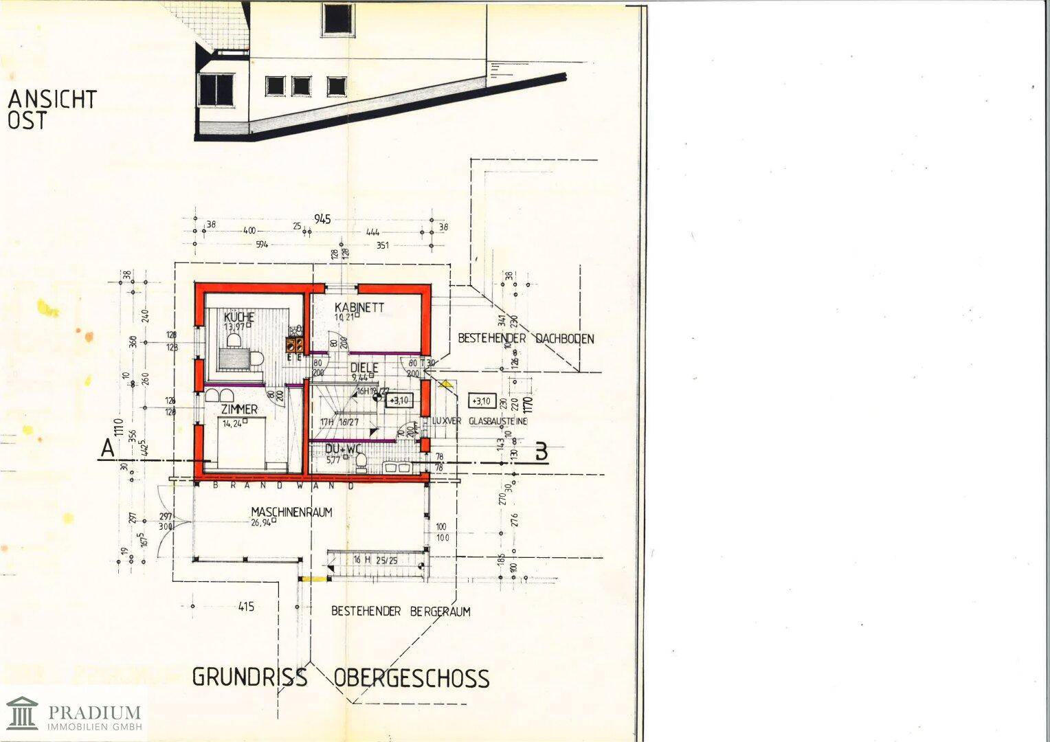 Historischer Grundriss des Obergeschosses mit Küche, Zimmern und Maschinenraum.
