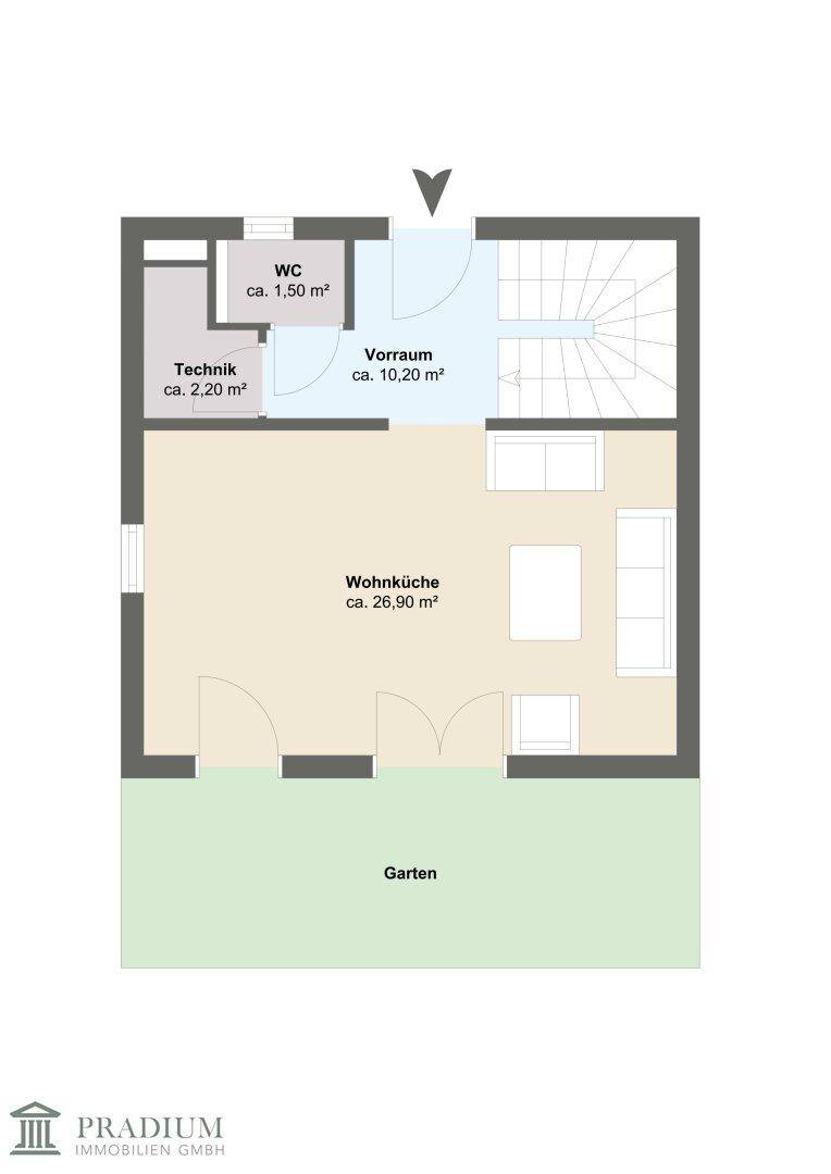 Grundriss des Erdgeschosses mit offener Wohnküche, separatem WC und Zugang zum Garten.
