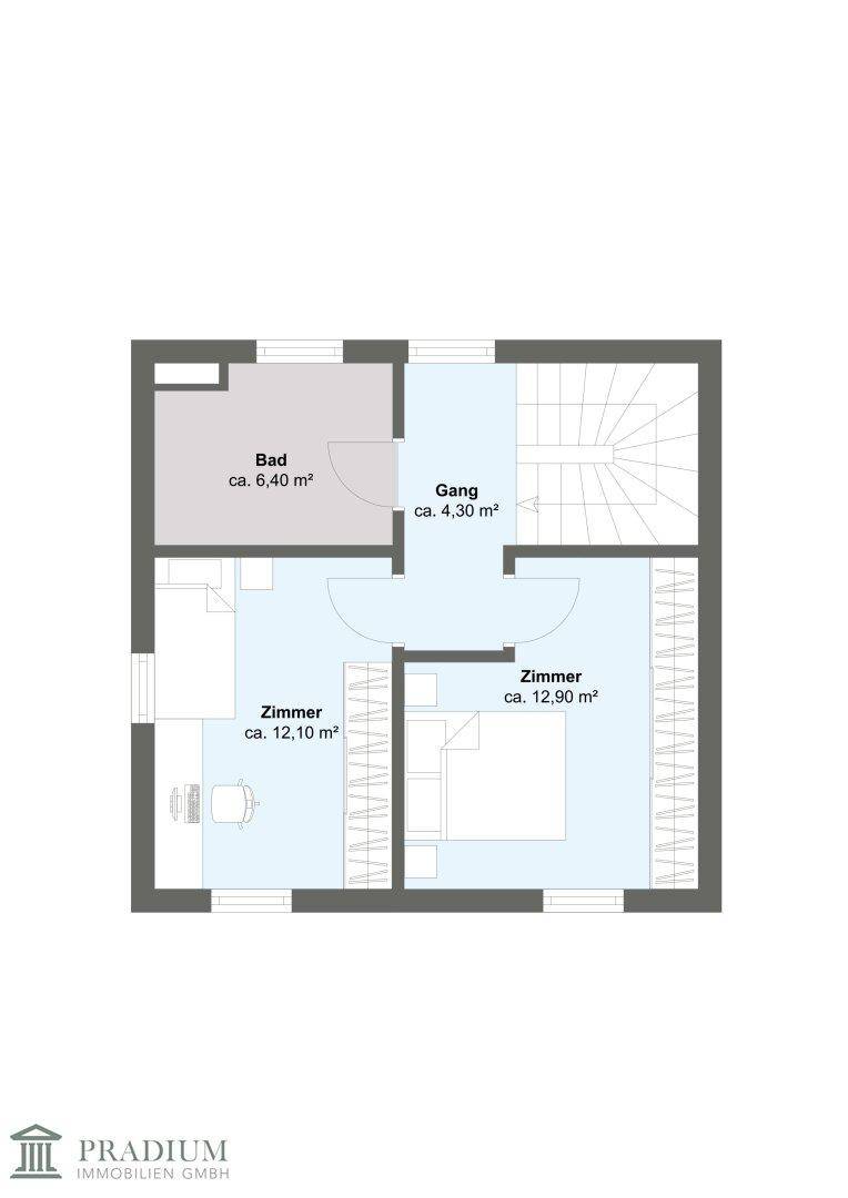 Grundriss des Obergeschosses mit Badezimmer, Flur und zwei Schlafzimmern.