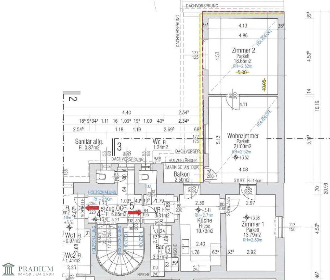 Detaillierter Grundriss des Dachgeschosses mit Wohnzimmer, Schlafzimmern und Balkon.