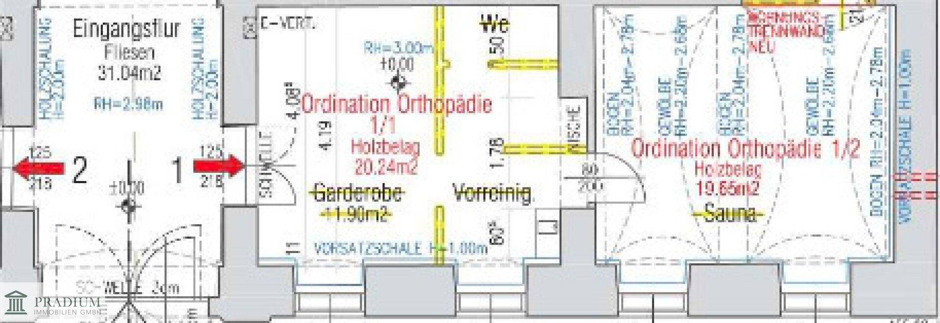 Grundriss des Erdgeschosses mit Eingangsbereich, Garderobe und Ordinationsräumen.
