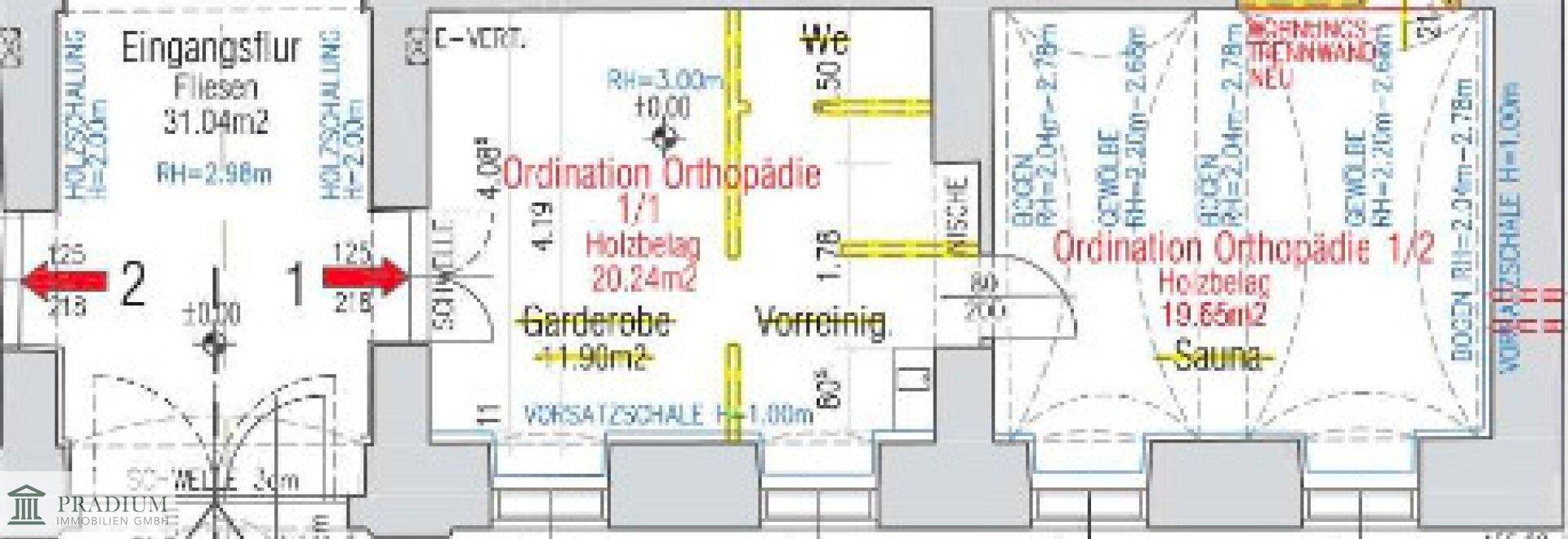 Grundriss des Erdgeschosses mit Eingangsbereich, Garderobe und Ordinationsräumen.