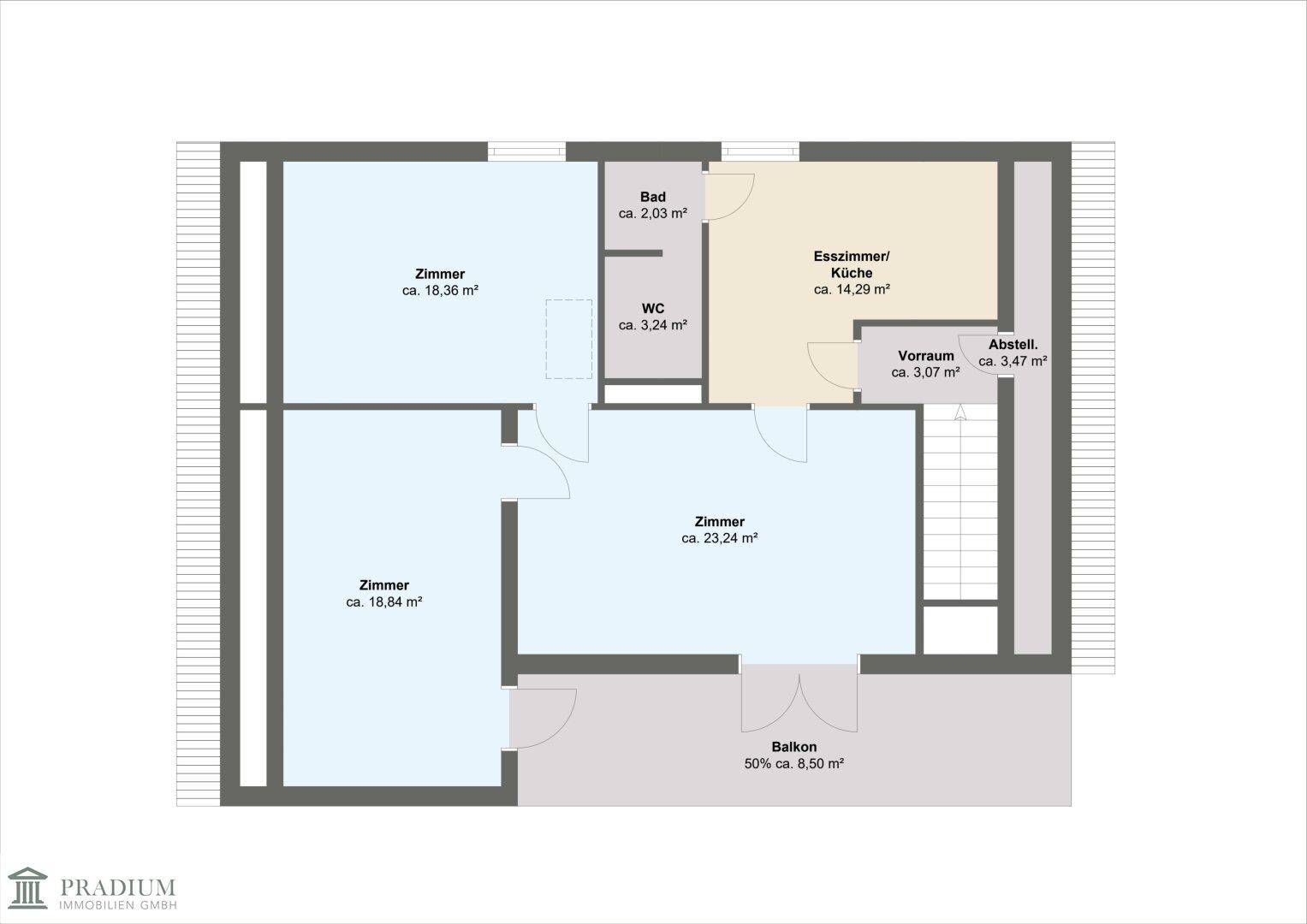 Grundriss des Obergeschosses mit Schlafzimmern, Bad, WC und Zugang zum Balkon.