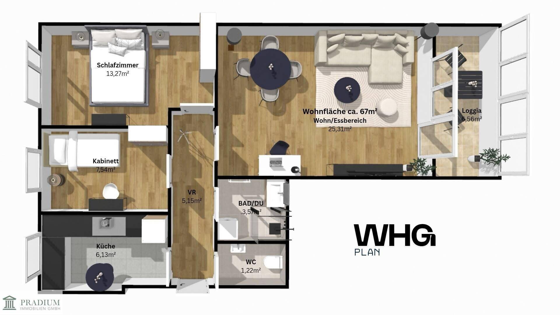 Detaillierter Grundriss der Wohnung mit Schlafzimmer, Wohnbereich, Küche und Loggia.
