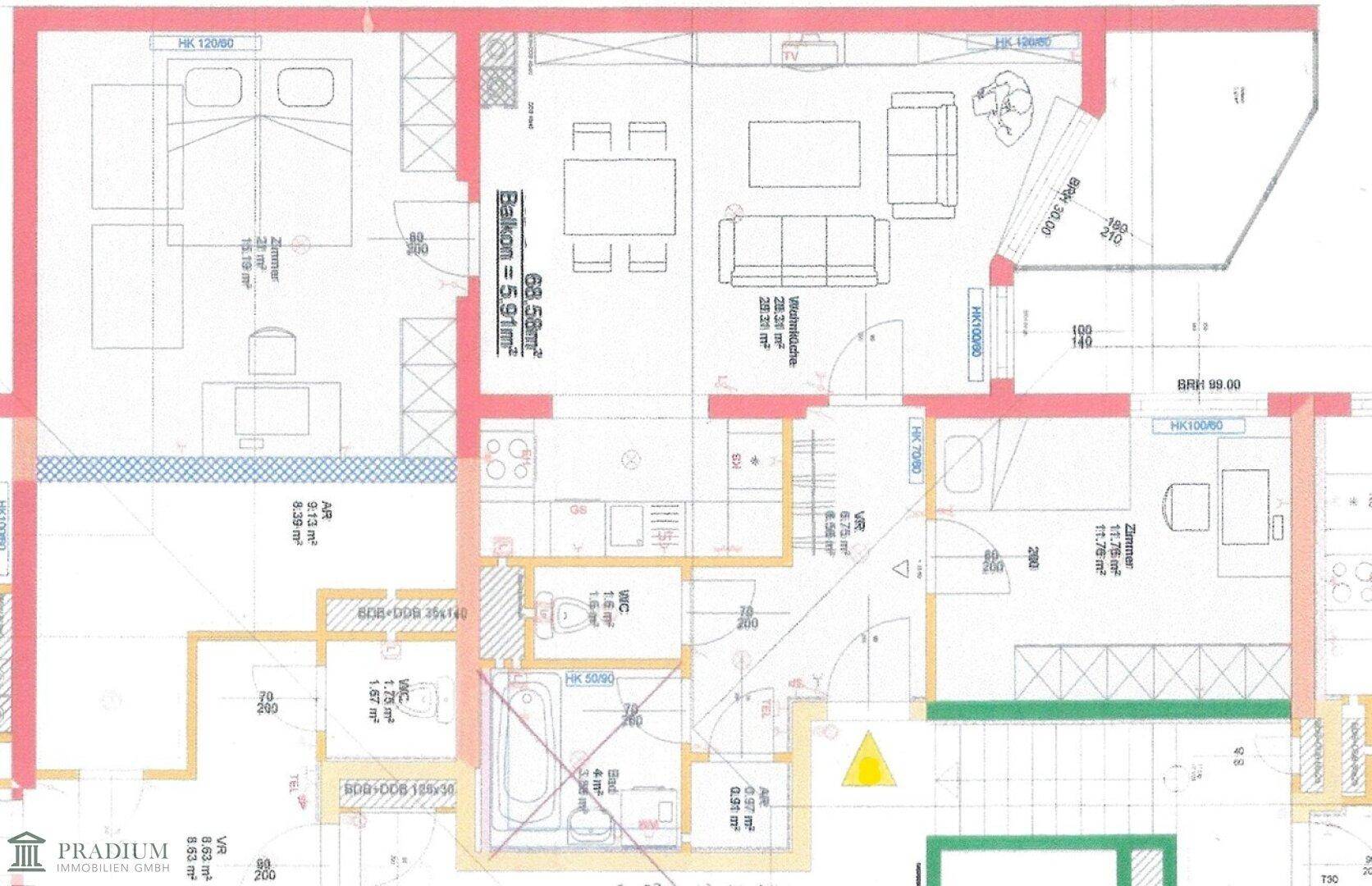 Wohnungsgrundriss mit offenem Wohn-Essbereich, zwei Schlafzimmern, separatem WC und Balkon.