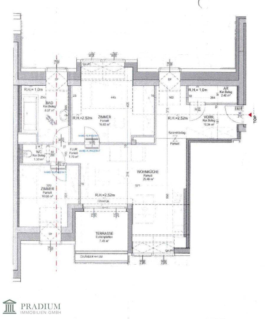 Grundriss einer Wohnung mit Wohnküche, mehreren Zimmern, Bad, separatem WC und einer Terrasse.