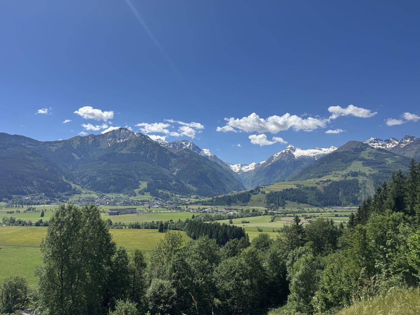 Weitläufiger Blick über ein grünes Tal mit Wäldern und schneebedeckten Bergen unter blauem Himmel.