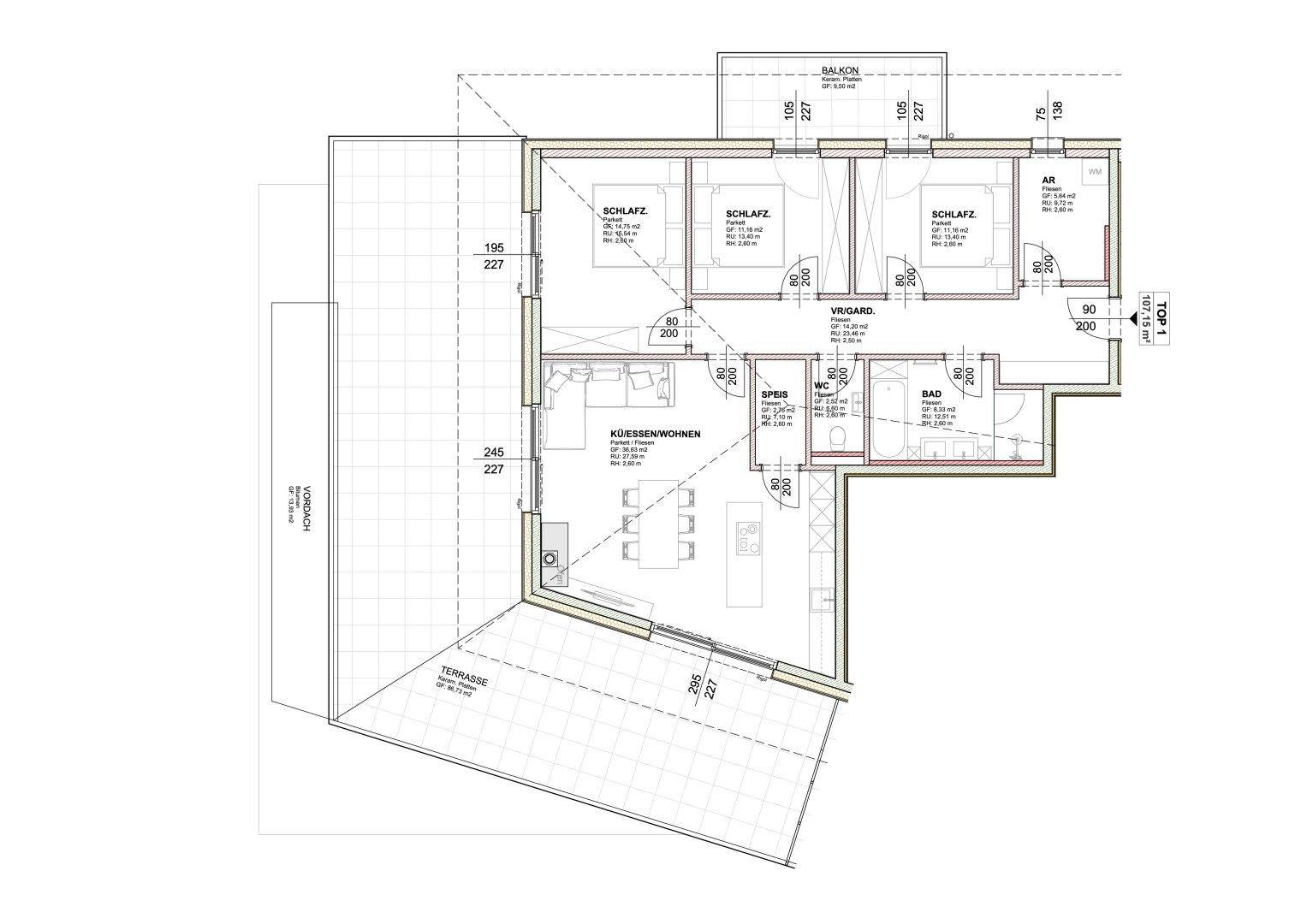 Grundriss einer Wohnung mit offenem Küchen-Wohnbereich, drei Schlafzimmern, Bad, Balkon und Terrasse.