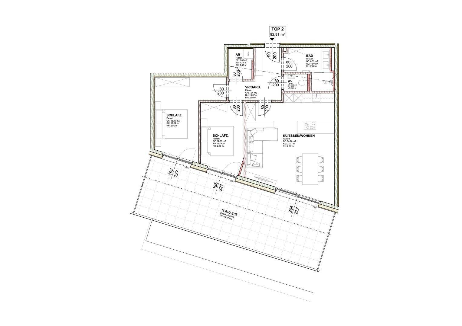 Grundriss der Wohnung TOP 2 mit zwei Schlafzimmern, offenem Wohnbereich und großer Terrasse.