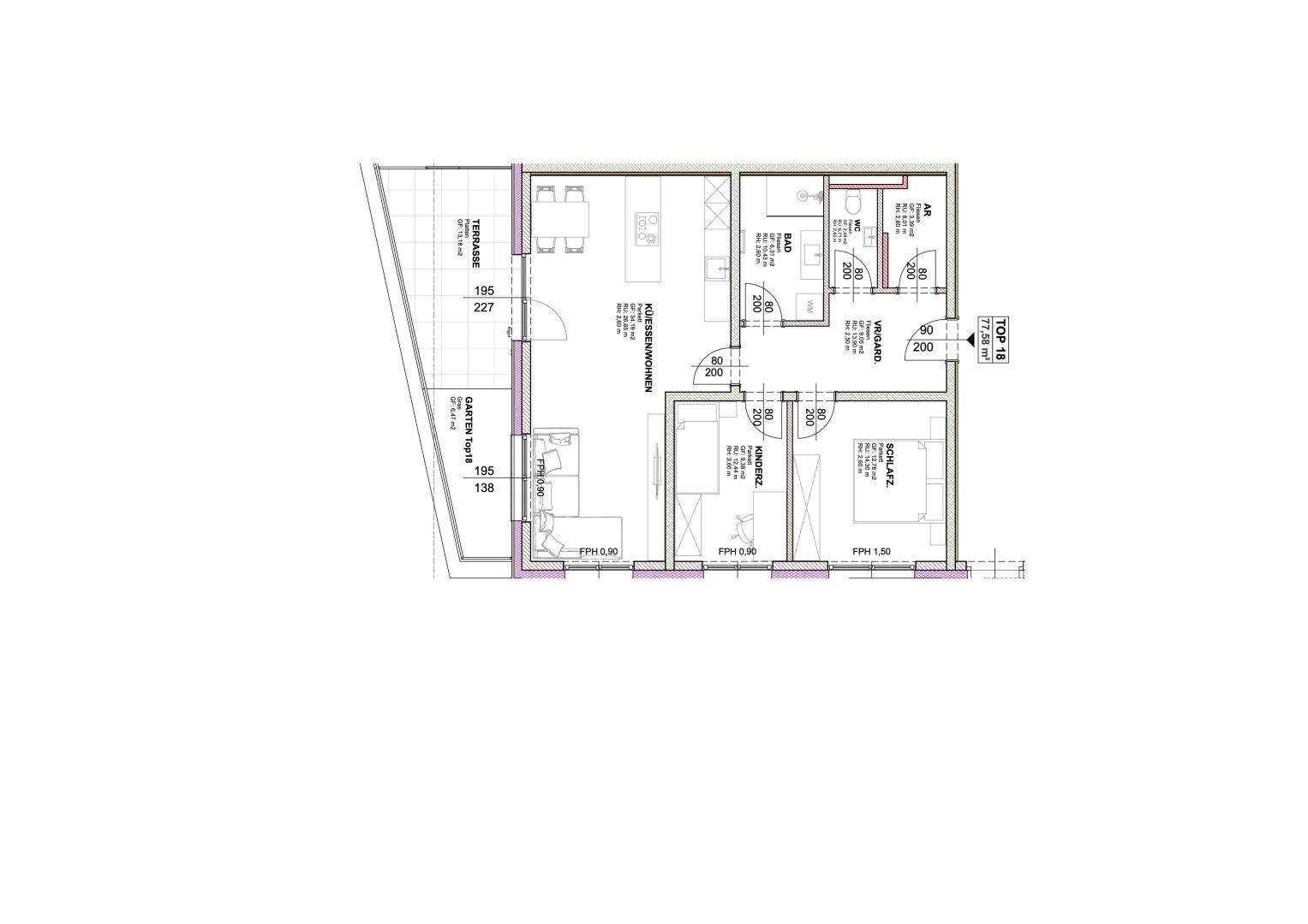 Grundriss einer Wohnung mit offenem Wohn-Essbereich, zwei Schlafzimmern, Bad, WC, Terrasse und Garten.