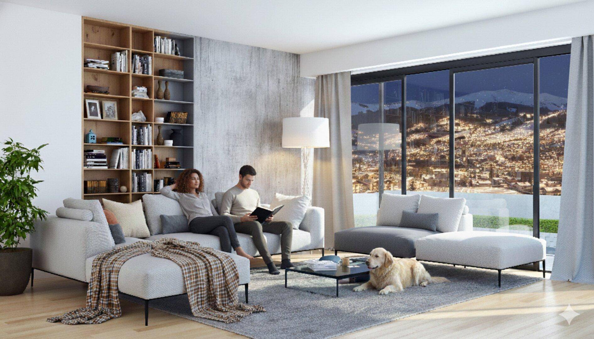 Modernes Wohnzimmer mit großen Fenstern, die einen atemberaubenden Blick auf die beleuchtete Stadt und Berge bieten.