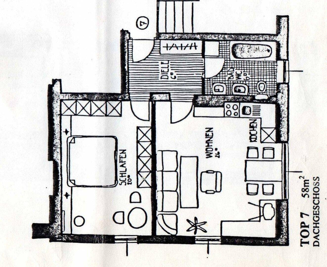 Grundriss einer Dachgeschosswohnung mit separaten Räumen.