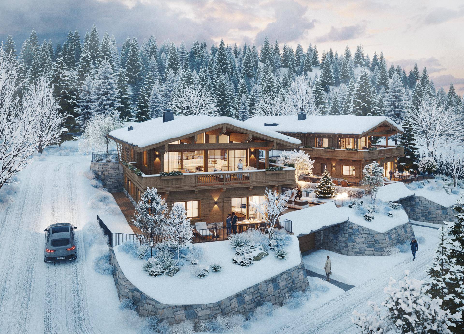 Winterliche Ansicht eines luxuriösen Holzchalets mit verschneiter Landschaft und Bergblick.