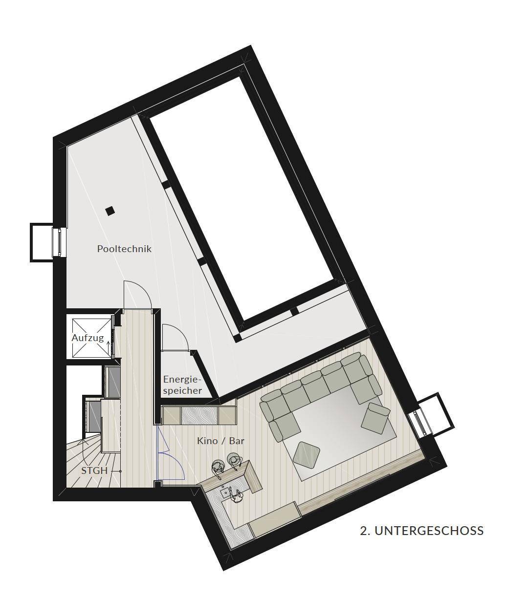 Grundriss des zweiten Untergeschosses mit Pooltechnik, Aufzug und Kino/Barbereich.