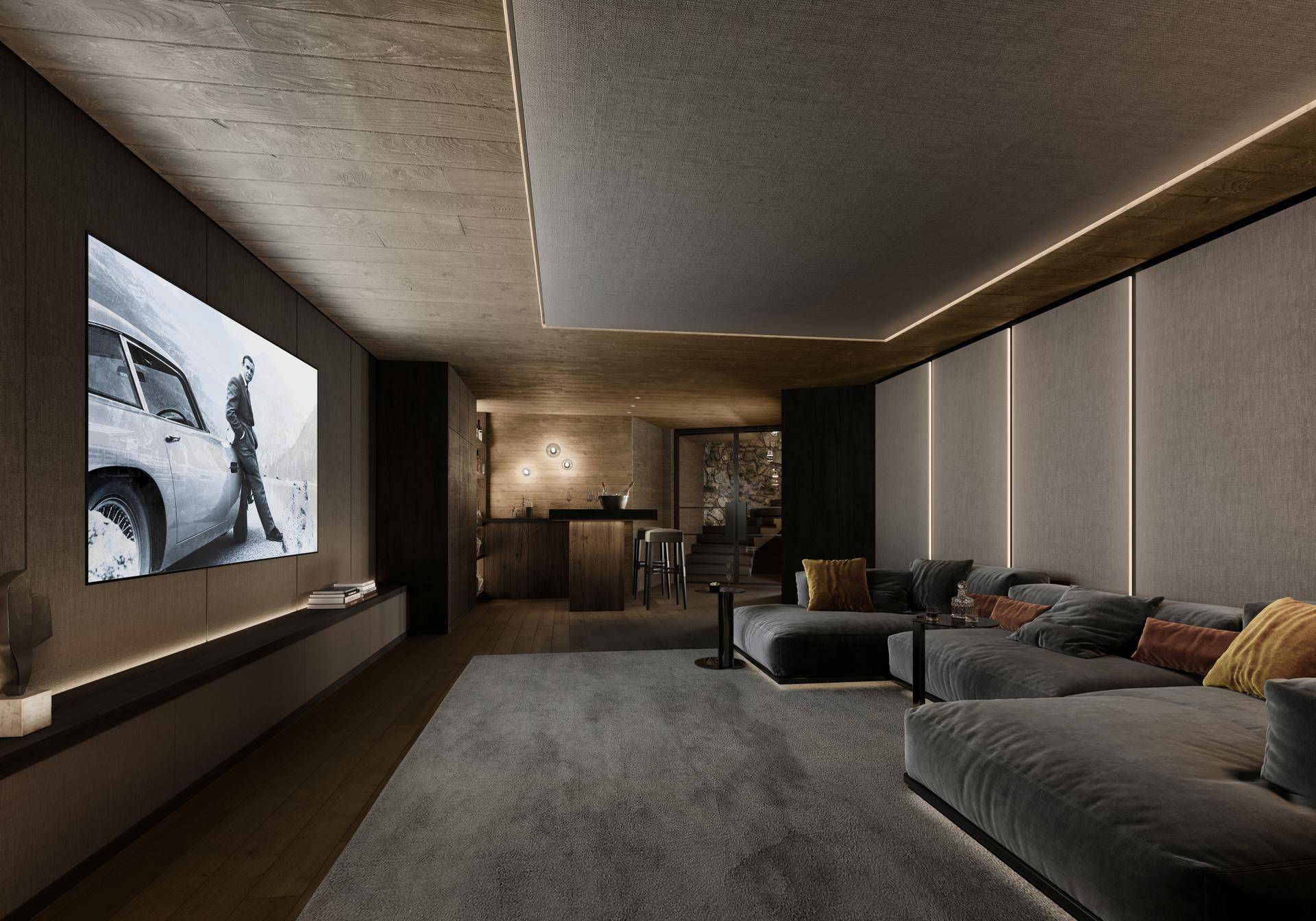 Exklusiver Medienraum mit großer Leinwand, bequemen Sofas und indirekter Beleuchtung.