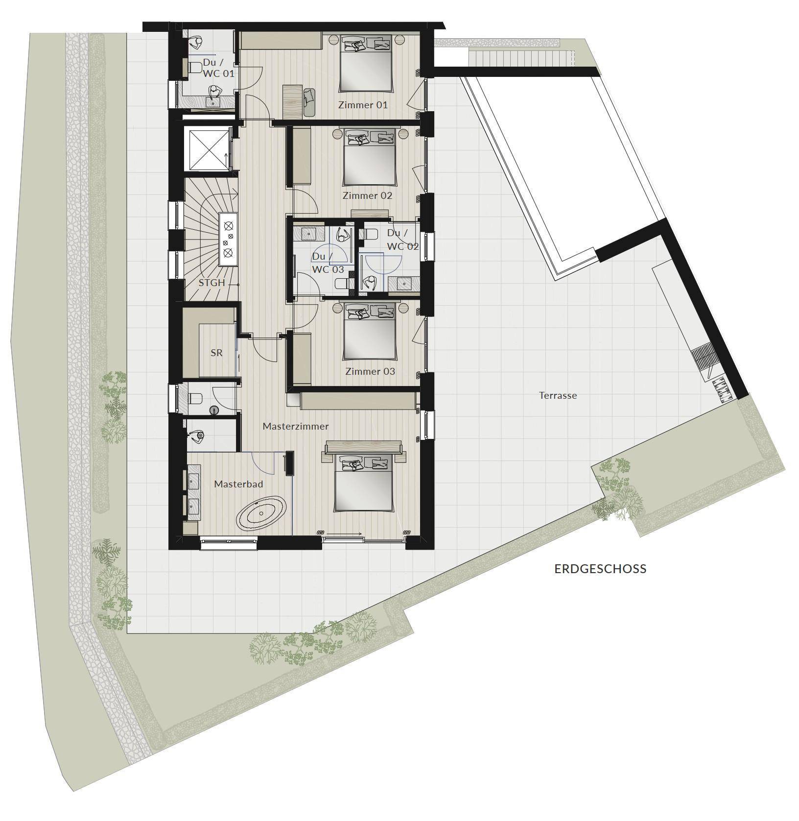 Grundriss des Erdgeschosses mit Masterzimmer, drei weiteren Zimmern und großer Terrasse.