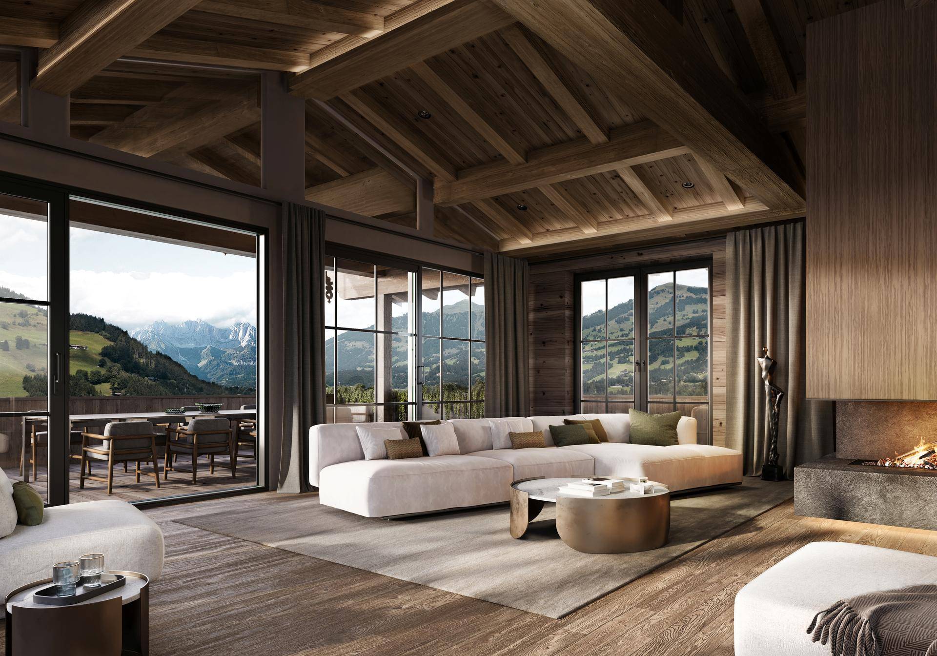 Luxuriöses Wohnzimmer mit Holzbalkendecke, modernem Kamin und Panoramablick auf die Berge.
