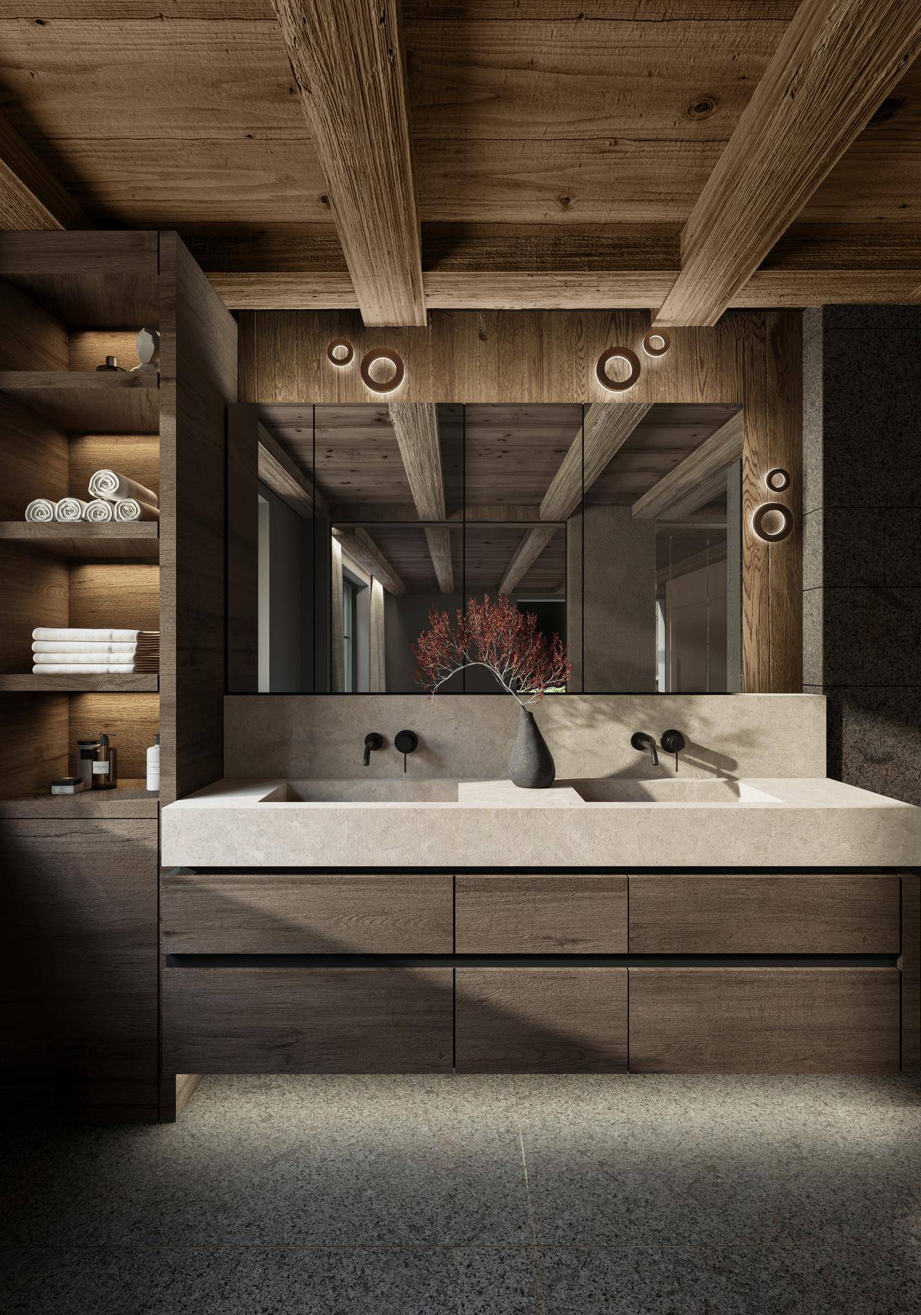 Luxuriöses Badezimmer mit Doppelwaschbecken, Holzdetails und Spiegelschrank.