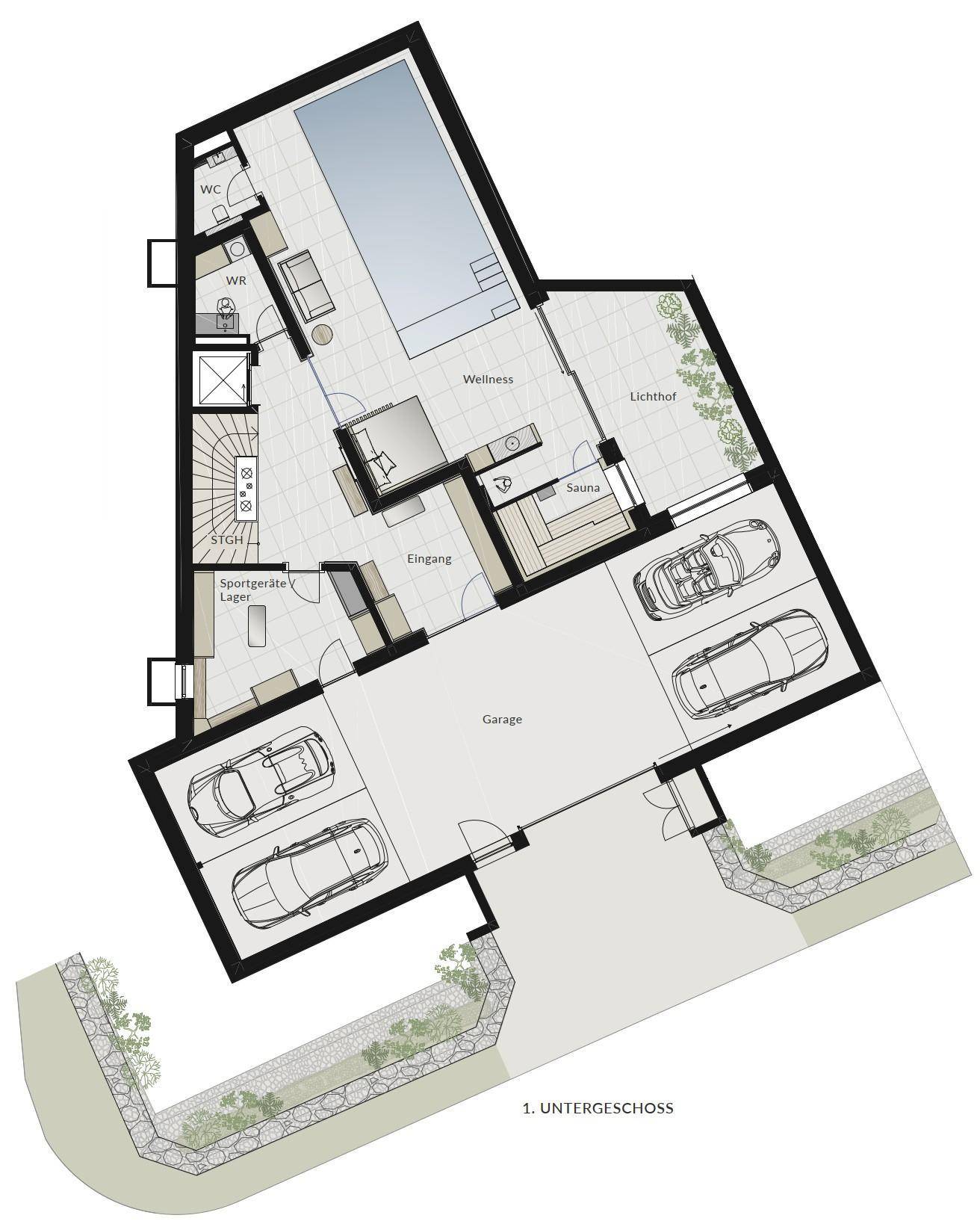 Grundriss des ersten Untergeschosses mit Wellnessbereich, Sauna, Pool und Garage.
