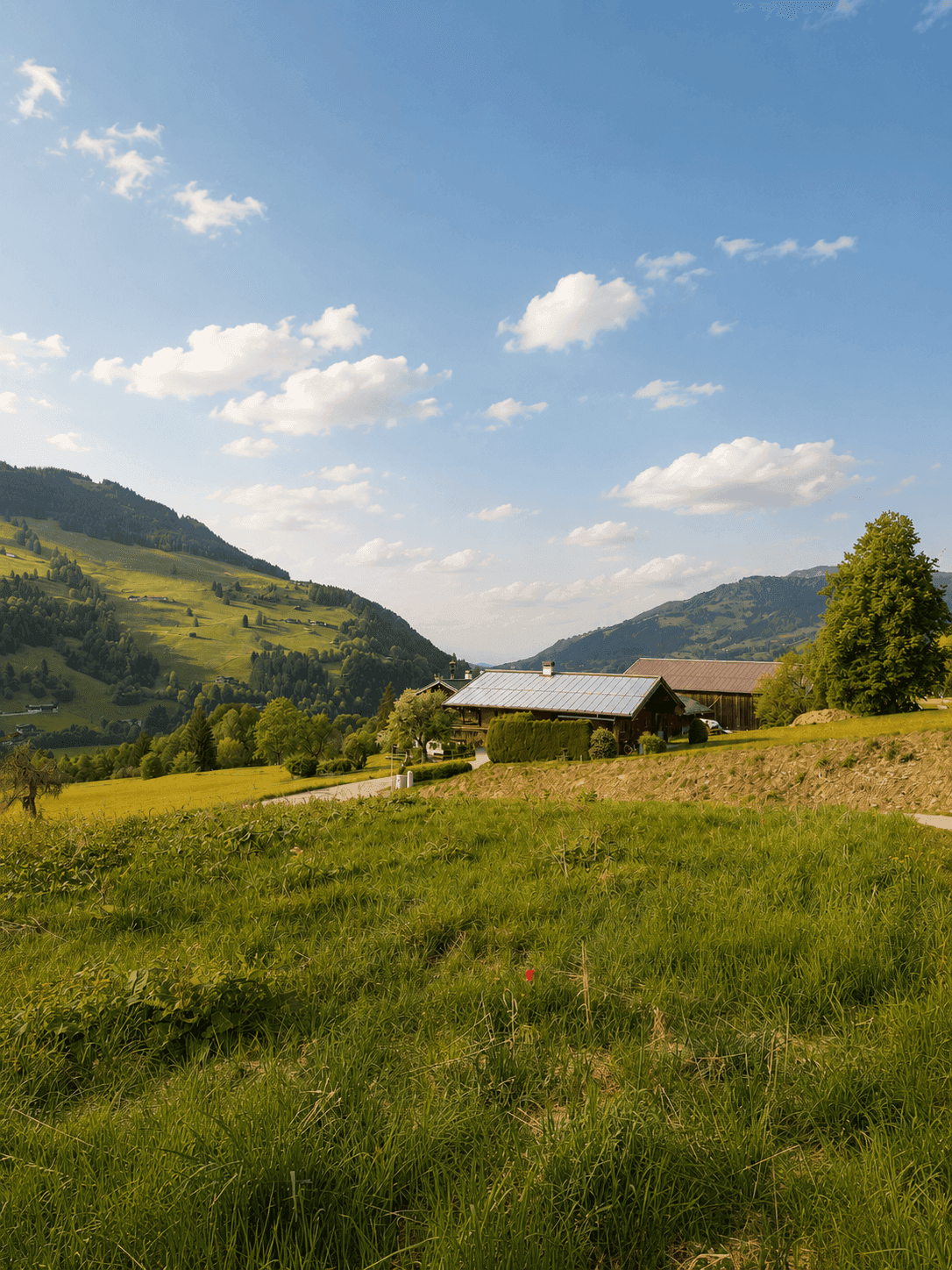 Idyllisches Haus mit Solaranlage in einer grünen Hügellandschaft unter blauem Himmel.