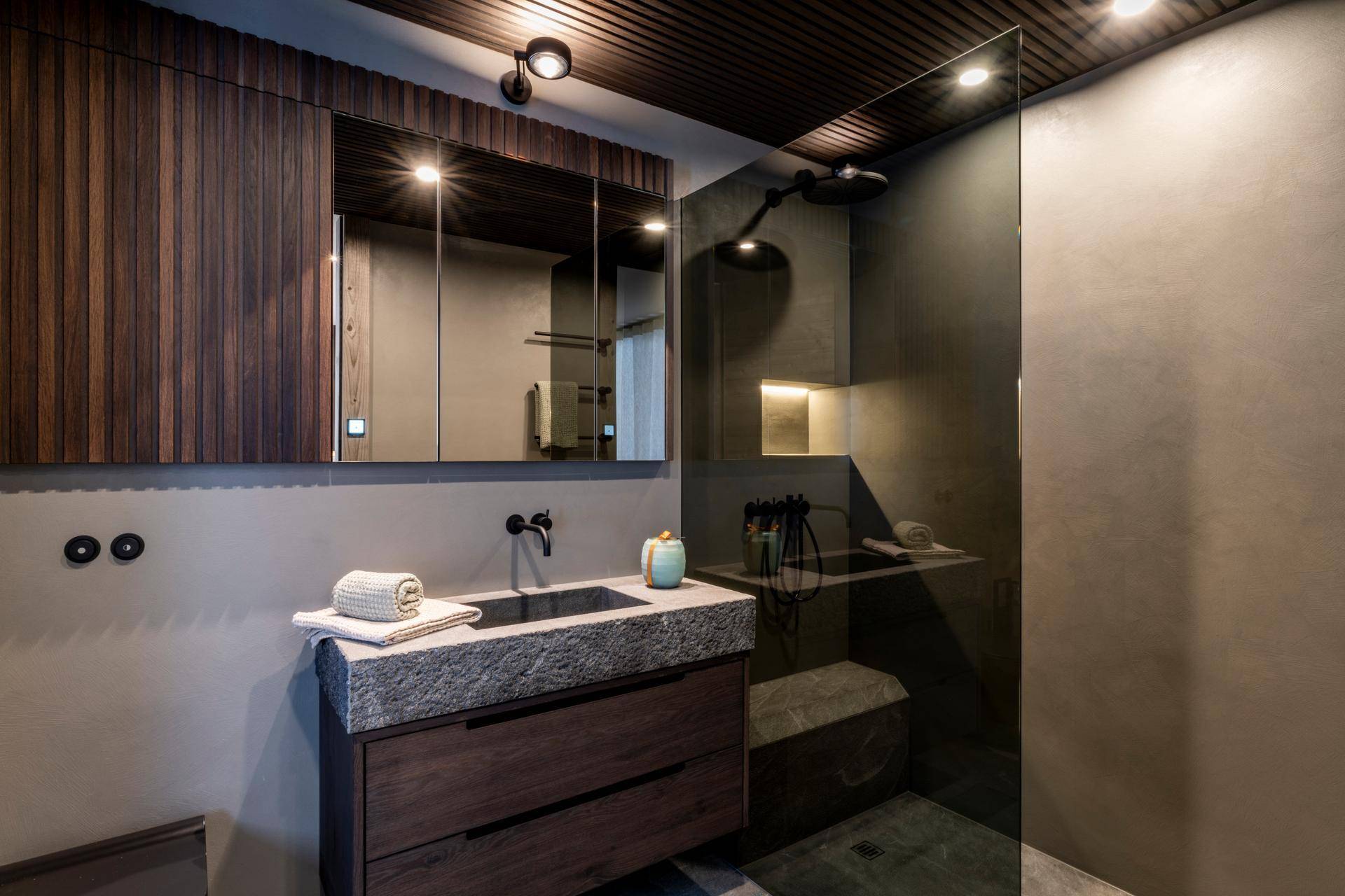 Elegantes Badezimmer mit Steinwaschbecken, Spiegelschrank und begehbarer Dusche.