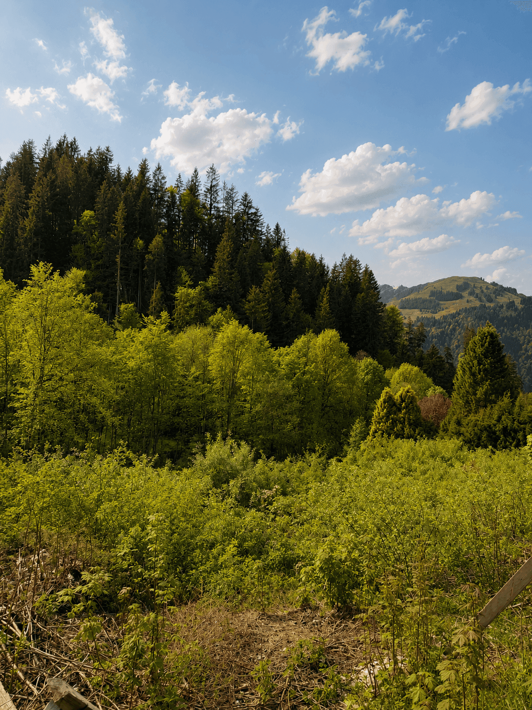 Üppige grüne Wälder und Hügel unter einem strahlend blauen Himmel mit weißen Wolken.
