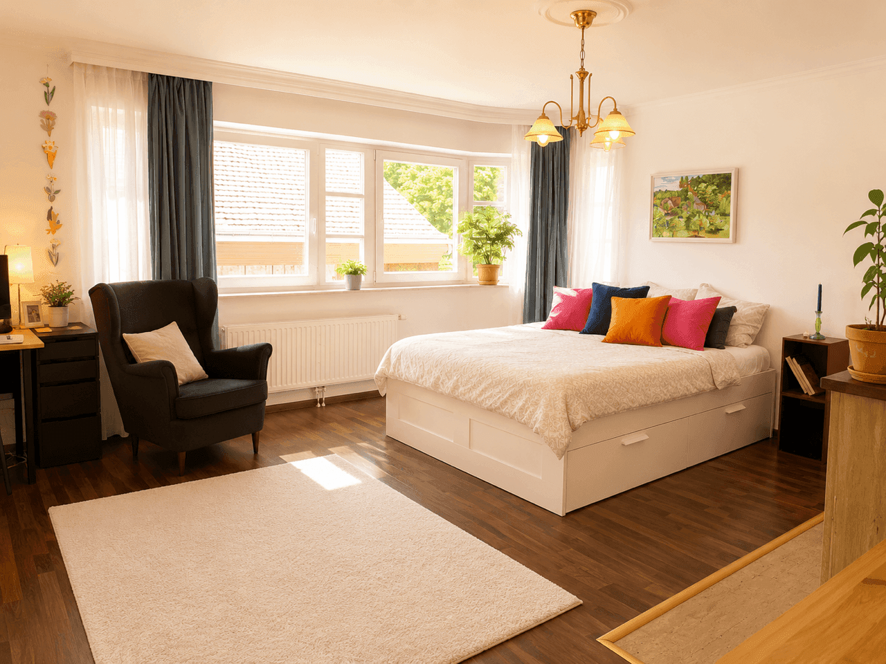 Gemütliches Schlafzimmer mit Holzboden, großem Fenster und farbigen Kissen.