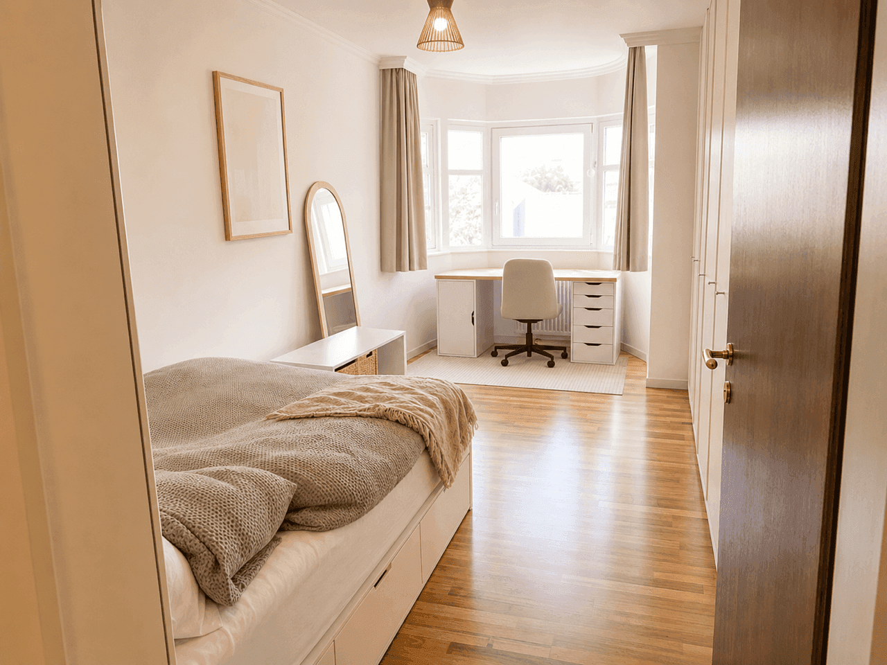 Helles Schlafzimmer mit Holzboden, Schreibtisch am Erkerfenster und Kleiderschrank.