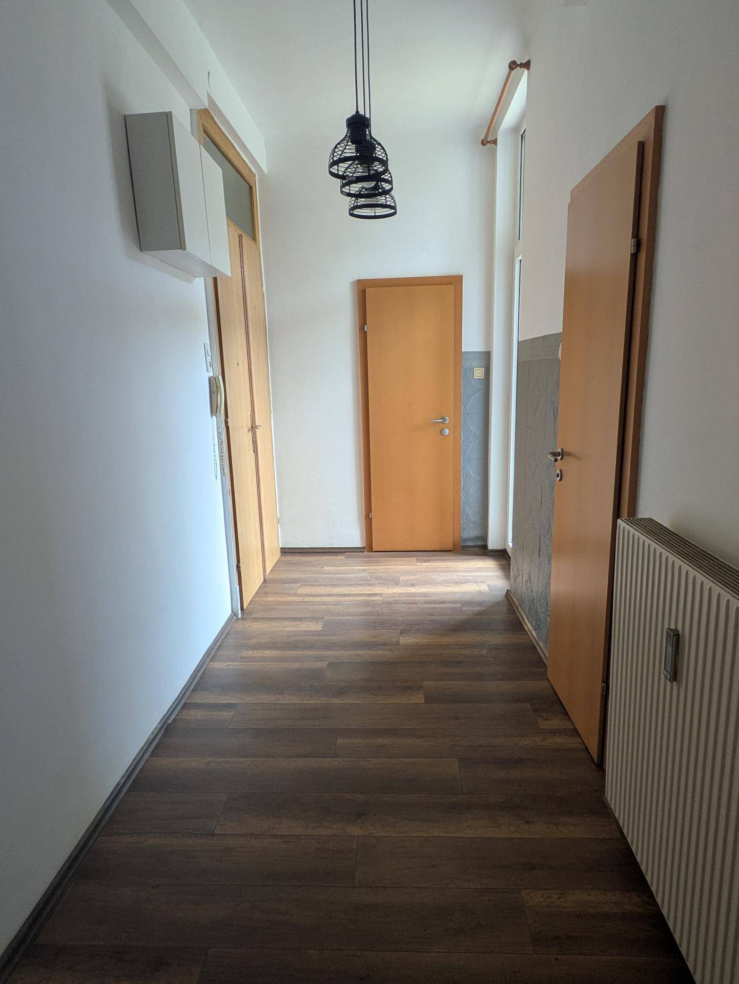 Langer Flur mit dunklem Laminatboden und mehreren Holztüren, beleuchtet von modernen Hängelampen.