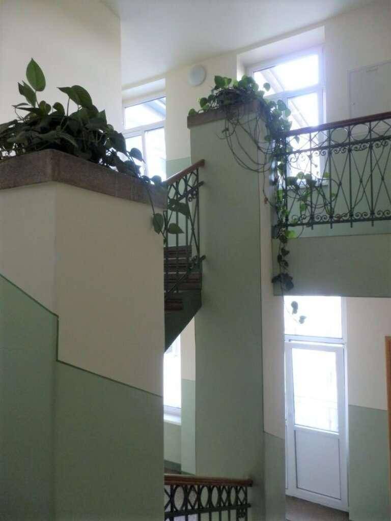 Helles Treppenhaus mit dekorativem Geländer, großen Fenstern und Pflanzen.
