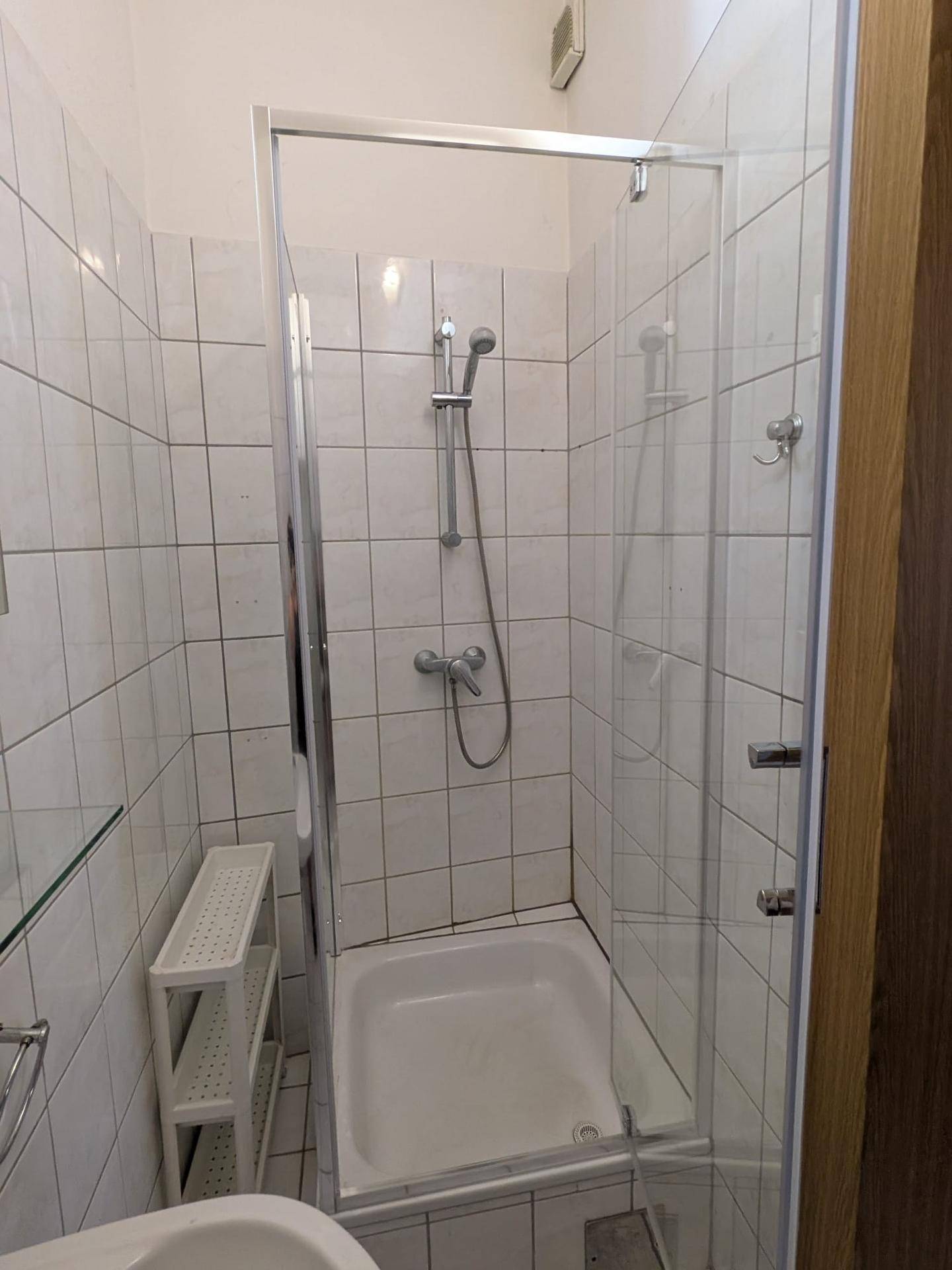 Funktionales Badezimmer mit weißen Fliesen und einer Duschkabine, die eine praktische Lösung bietet.