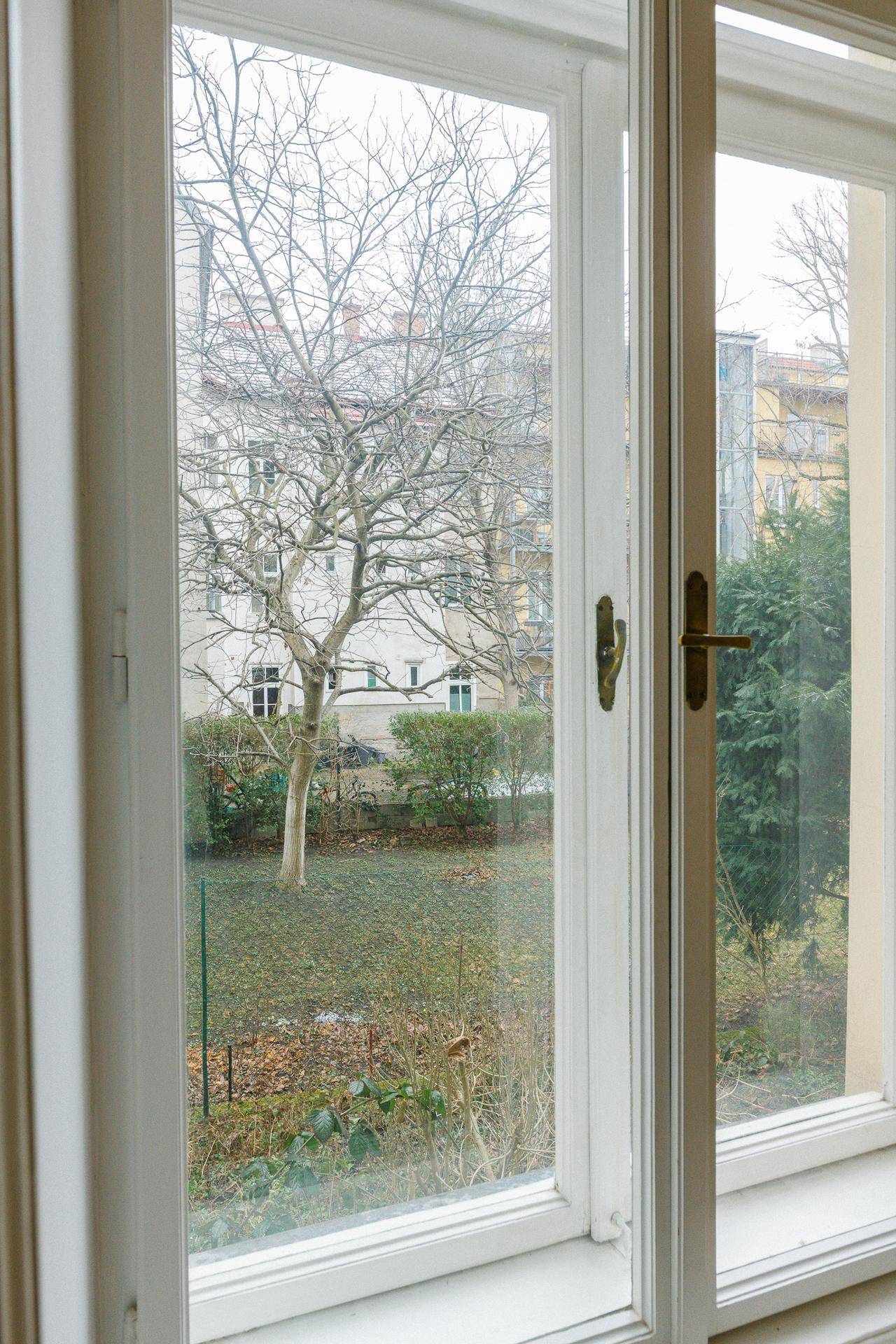 Blick aus dem Fenster auf einen ruhigen Hinterhofgarten mit Bäumen und Grünflächen.