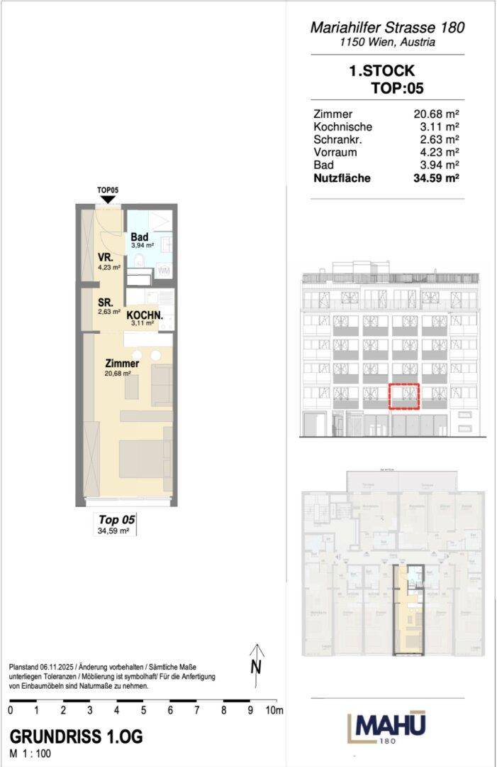 Grundriss der Wohnung im 1. Obergeschoss mit Zimmer, Kochnische und Bad auf 34.59 m².