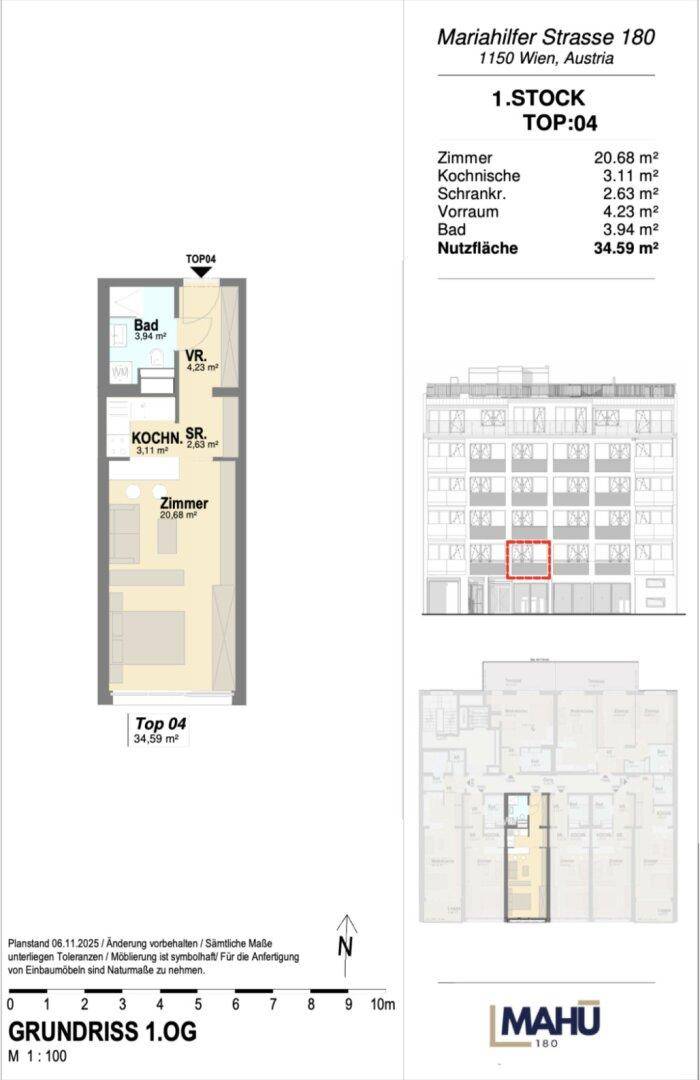 Detaillierter Grundriss der Wohnung Top 04 im ersten Stock mit allen Raummaßen und Aufteilung.