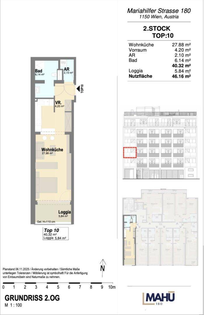 Detaillierter Grundriss der Wohnung Top 10 im 2. Stock mit Wohnküche, Bad und Loggia.