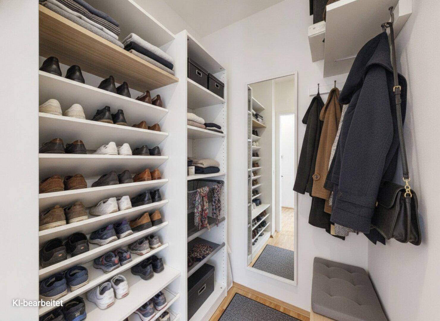Praktischer begehbarer Kleiderschrank mit vielen Regalen, Spiegel und Garderobenbereich.