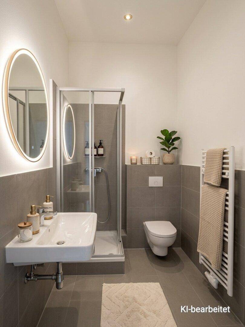 Modernes Badezimmer mit grauen Fliesen, Duschkabine, wandhängendem WC und beleuchtetem Spiegel.