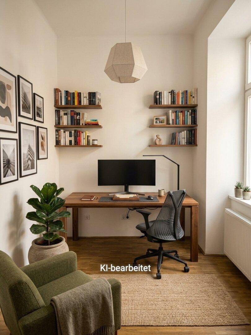 Helles Arbeitszimmer mit Holzboden, Schreibtisch, Bücherregalen und einem bequemen Sessel.