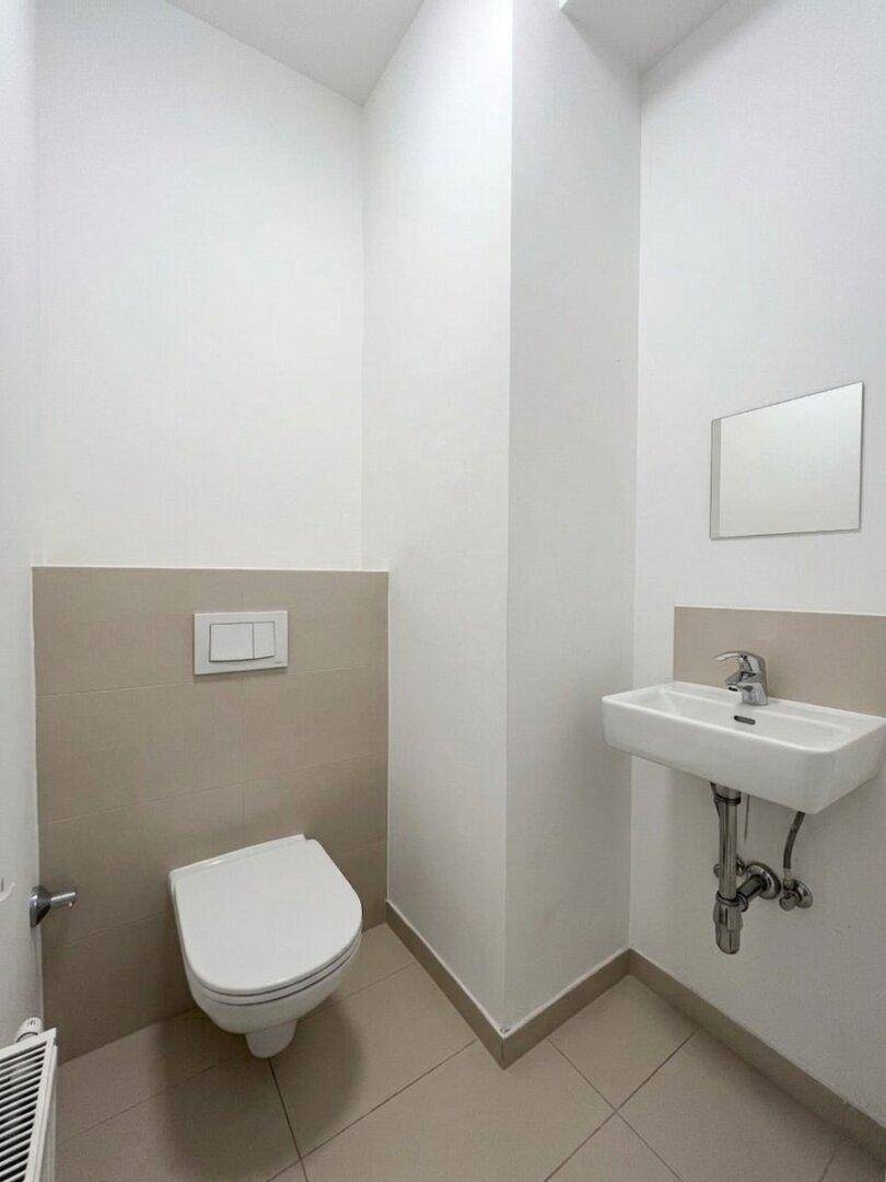 Kleines Gäste-WC mit wandhängender Toilette und Handwaschbecken.