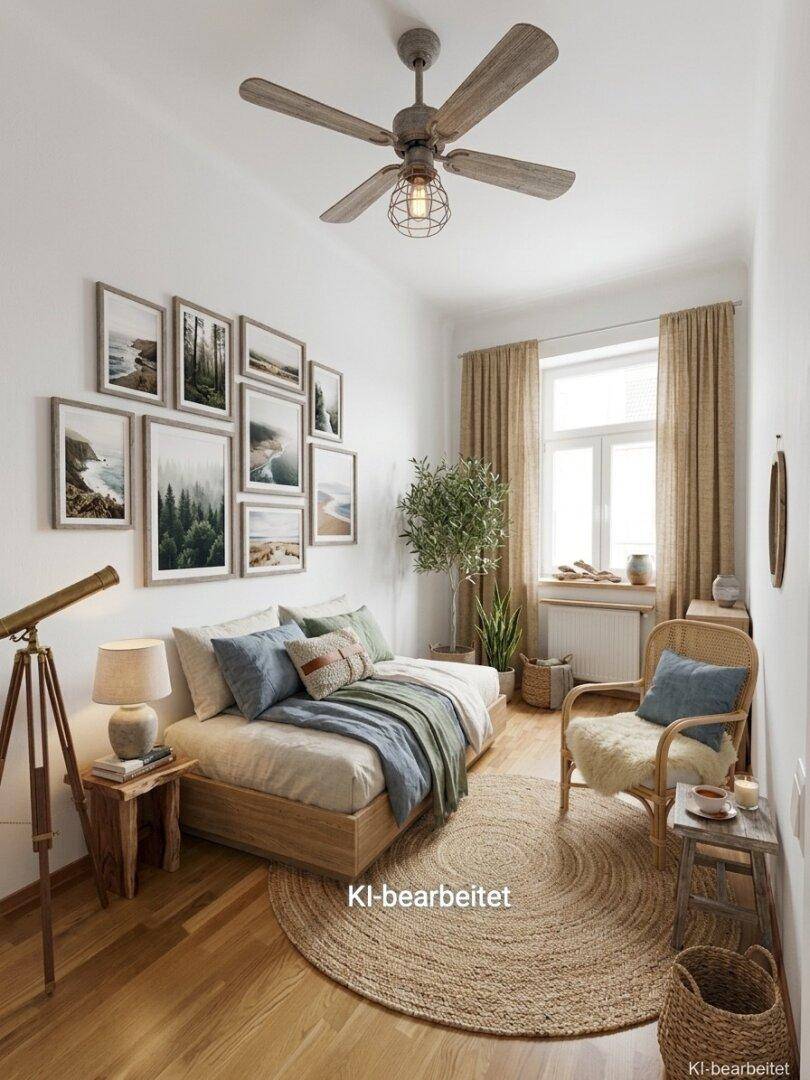 Gemütliches Schlafzimmer mit Holzboden, Deckenventilator und natürlicher Dekoration.