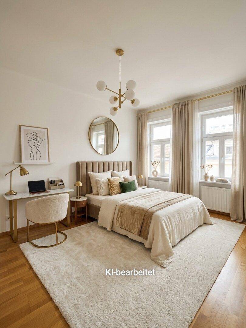 Elegantes Schlafzimmer mit großem Bett, Schreibtisch und stilvoller Beleuchtung.