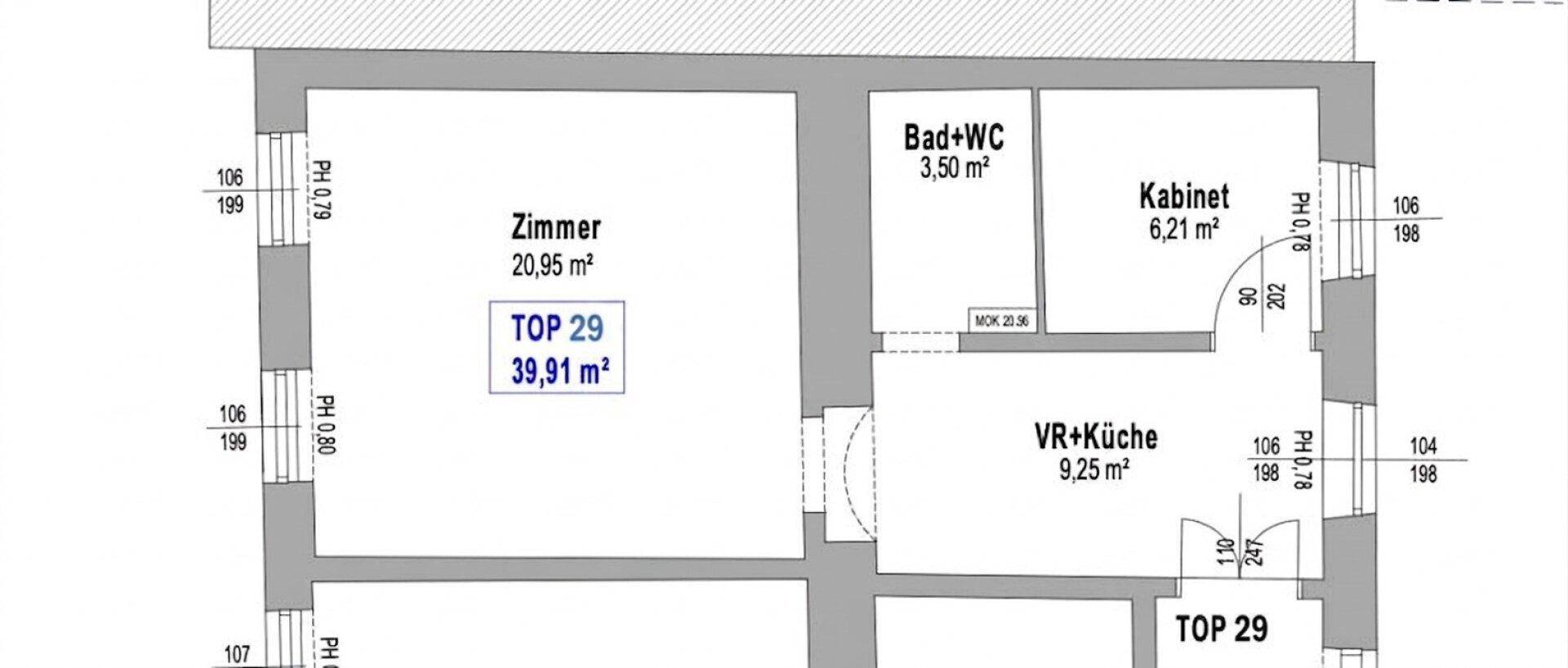 Grundriss der Wohnung TOP 29 zeigt Zimmer, Bad+WC und offenen Wohn-Küchenbereich.