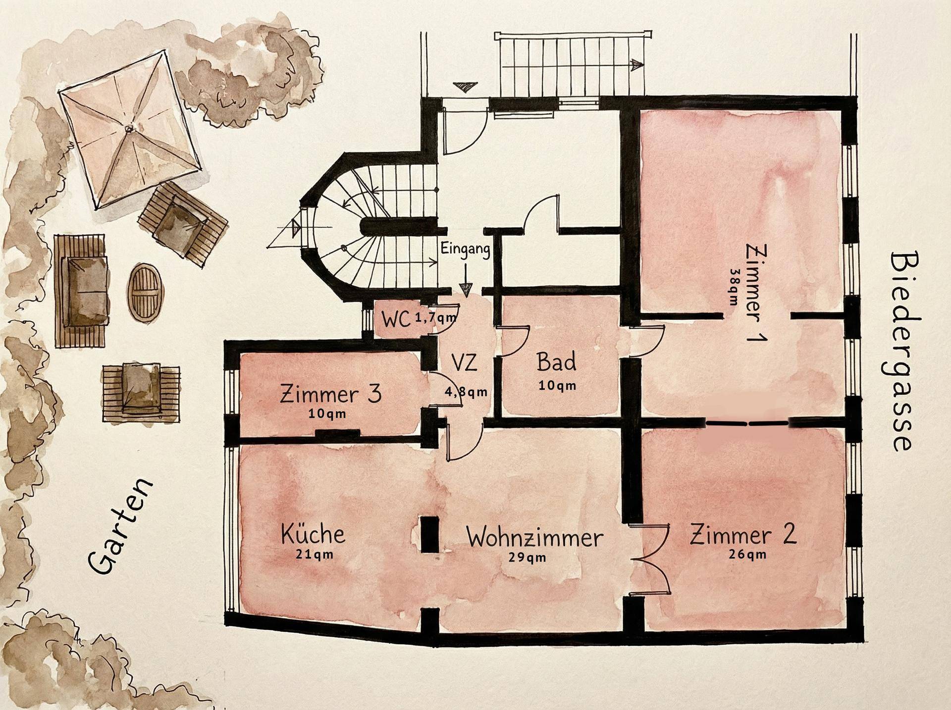 Handgezeichneter Grundriss mit Gartenbereich, drei Zimmern, Küche, Bad und separatem WC.