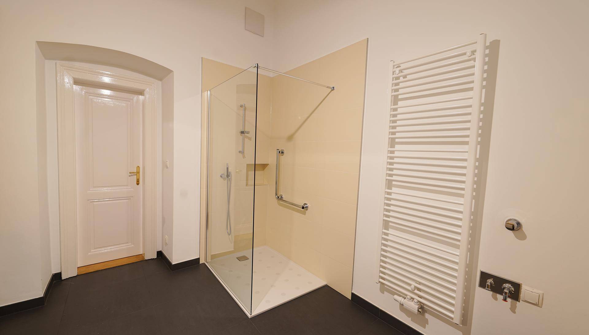 Modernes Badezimmer mit barrierefreier Dusche, Haltegriffen und einem praktischen Handtuchheizkörper.