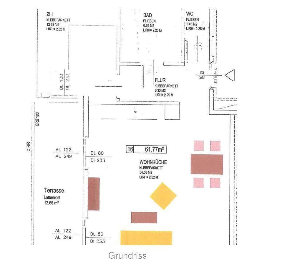 Grundriss der Wohnung zeigt eine offene Wohnküche, Bad, separates WC und eine großzügige Terrasse.