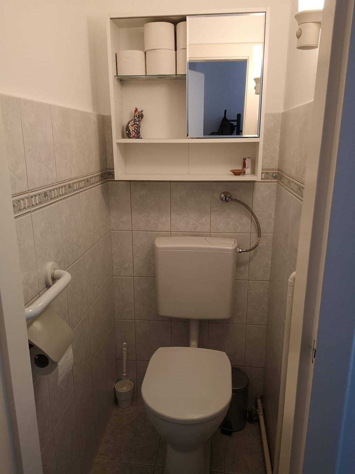 Kleines Gäste-WC mit Toilette, Spiegelschrank und hellen Fliesen an den Wänden.