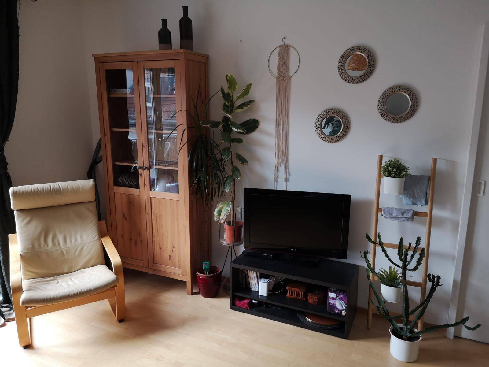 Wohnzimmerbereich mit Holzvitrine, bequemen Sessel, Fernseher und dekorativen Zimmerpflanzen.