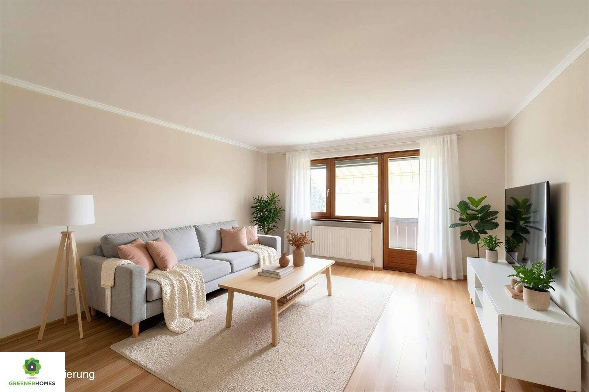 Helles Wohnzimmer mit hellem Laminatboden, beiger Couch und großen Fenstern mit Vorhängen.
